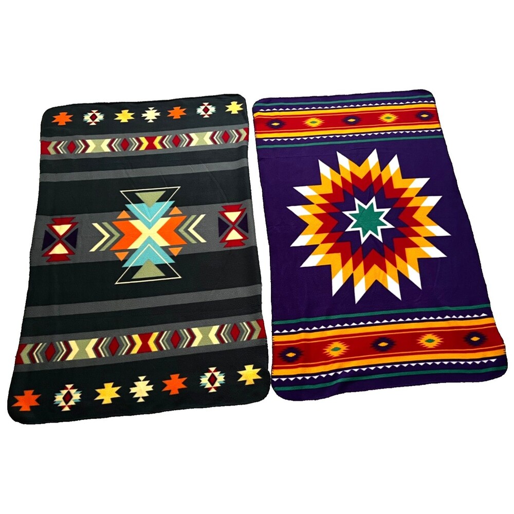 St Labre Indian School Lot of 2 Fleece Throw Blankets 38" x 58” Southwestern EUC